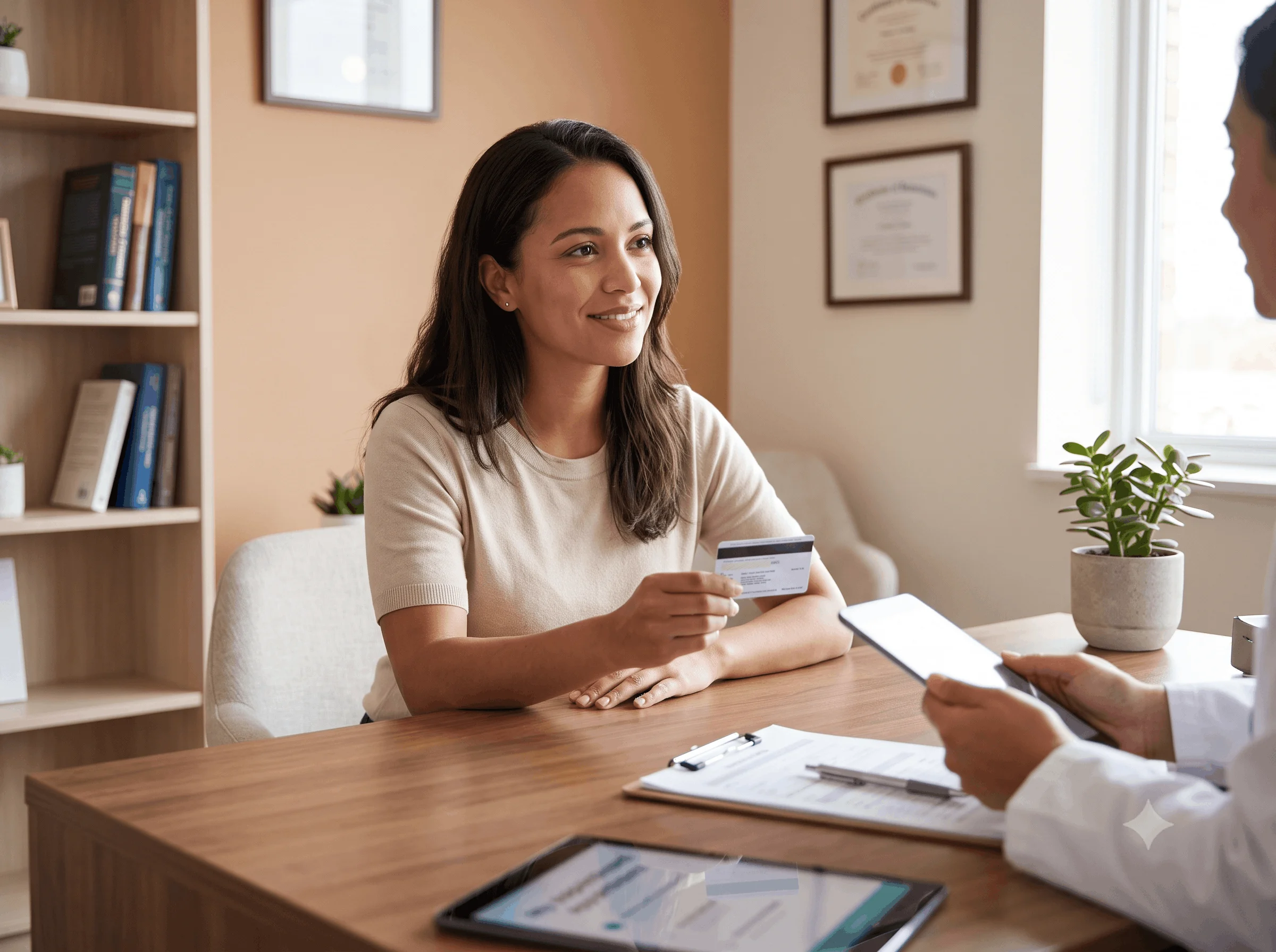 Client sharing an insurance card for therapy