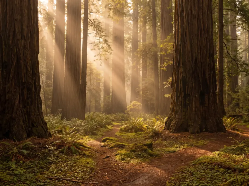 Sunlit redwood forest representing healing from trauma